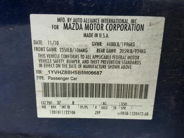 1YVHZ8BH5B5M06687 - 2011 MAZDA 6 I BLUE photo 10