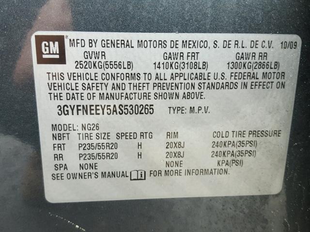 3GYFNEEY5AS530265 - 2010 CADILLAC SRX PERFOR GRAY photo 10