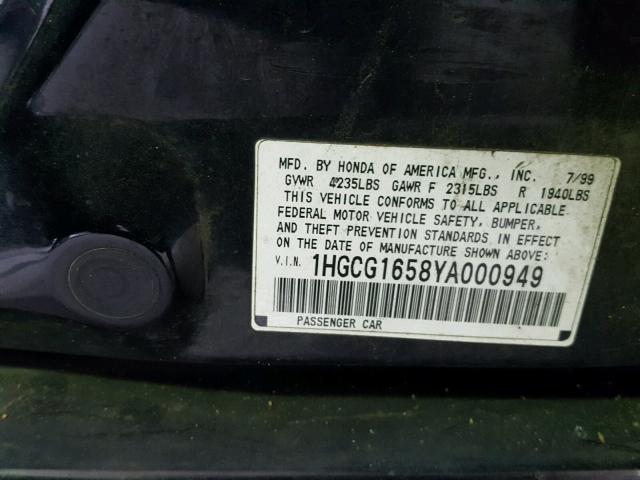 1HGCG1658YA000949 - 2000 HONDA ACCORD EX BLACK photo 10