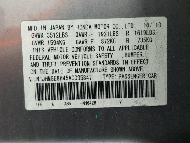 JHMGE8H45AC035847 - 2010 HONDA FIT SPORT GRAY photo 10