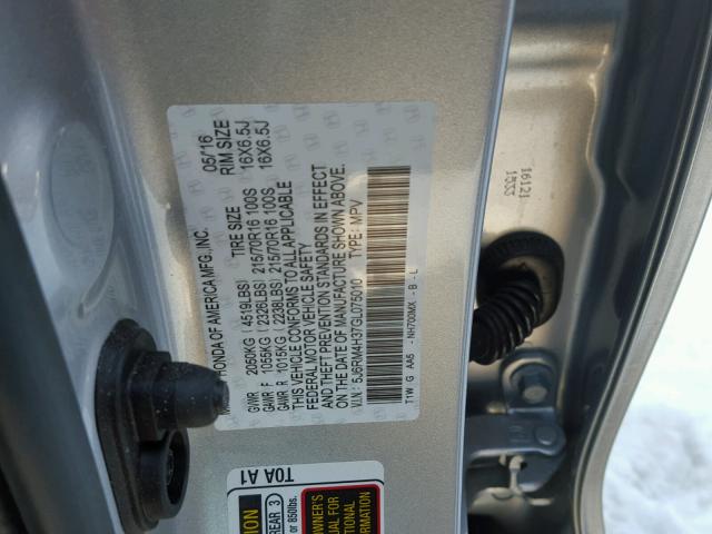 5J6RM4H37GL075010 - 2016 HONDA CR-V LX SILVER photo 10