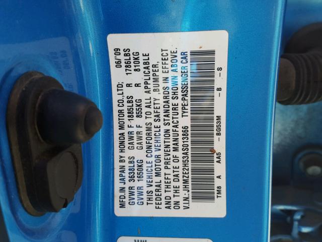 JHMZE2H53AS013866 - 2010 HONDA INSIGHT LX BLUE photo 10