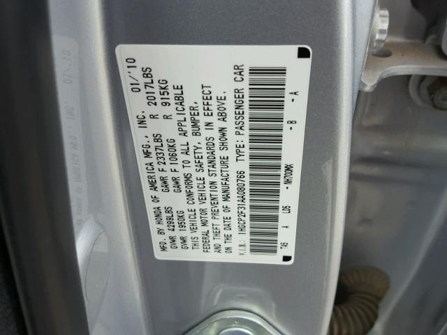 1HGCP2F31AA080766 - 2010 HONDA ACCORD LX SILVER photo 10