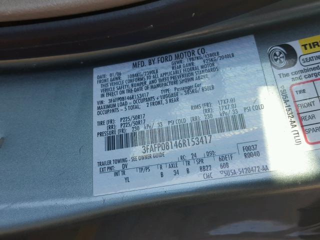 3FAFP08146R153417 - 2006 FORD FUSION SEL GRAY photo 10