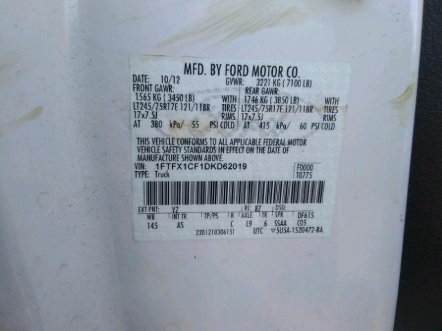 1FTFX1CF1DKD62019 - 2013 FORD F150 SUPER WHITE photo 10