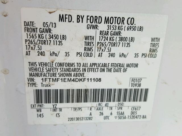 1FTMF1EM4DKF11108 - 2013 FORD F150 WHITE photo 10