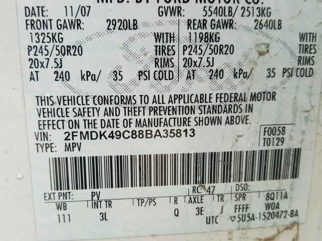 2FMDK49C88BA35813 - 2008 FORD EDGE LIMIT WHITE photo 10