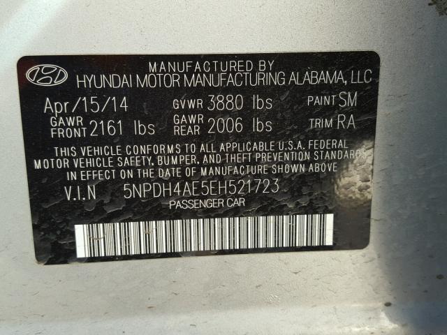 5NPDH4AE5EH521723 - 2014 HYUNDAI ELANTRA SE SILVER photo 10