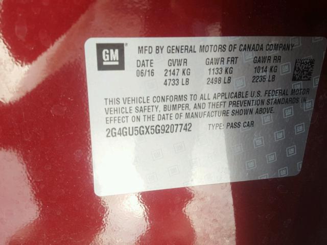 2G4GU5GX5G9207742 - 2016 BUICK REGAL GS RED photo 10