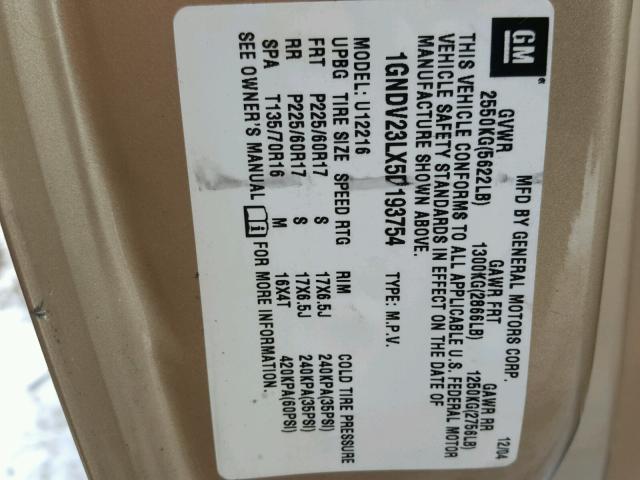 1GNDV23LX5D193754 - 2005 CHEVROLET UPLANDER L 金色 照片 10