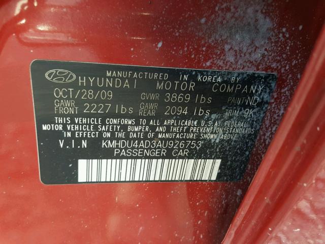 KMHDU4AD3AU926753 - 2010 HYUNDAI ELANTRA BL RED photo 10