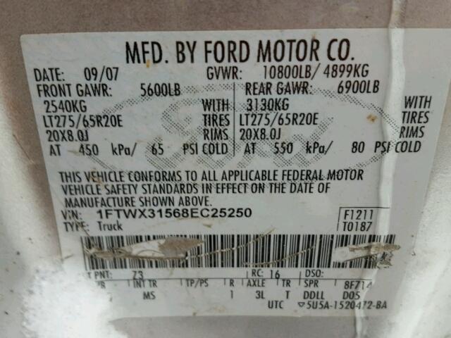 1FTWX31568EC25250 - 2008 FORD F350 SRW S SILVER photo 10