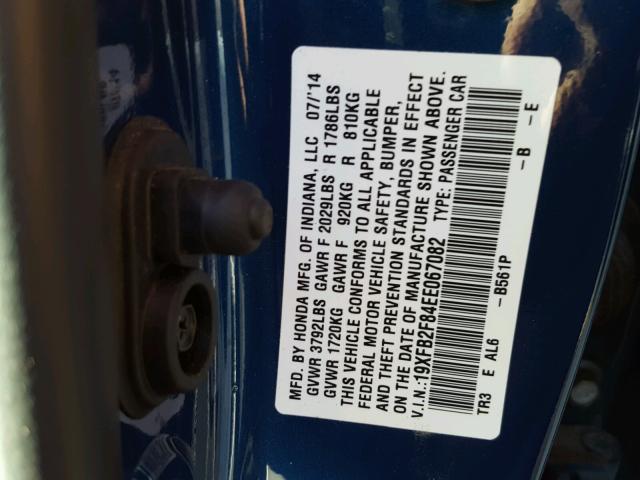 19XFB2F84EE067082 - 2014 HONDA CIVIC EX BLUE photo 10