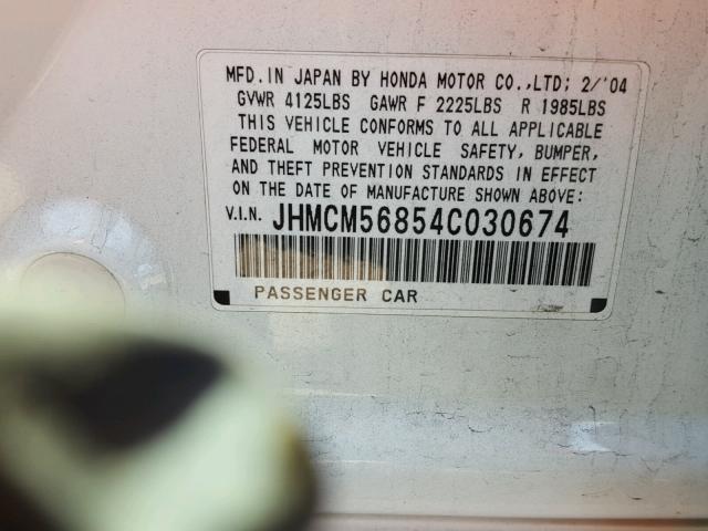 JHMCM56854C030674 - 2004 HONDA ACCORD EX WHITE photo 10