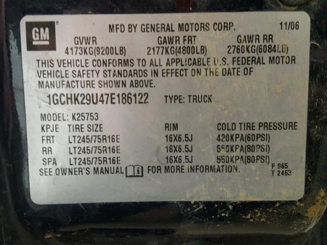 1GCHK29U47E186122 - 2007 CHEVROLET SILVERADO BLACK photo 10