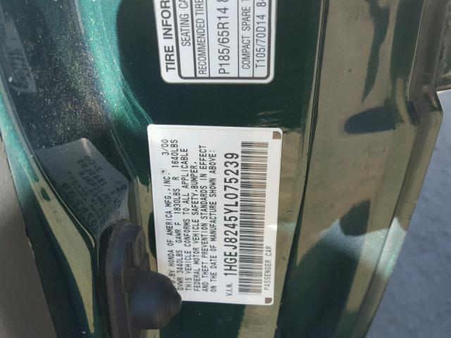 1HGEJ8245YL075239 - 2000 HONDA CIVIC EX GREEN photo 10