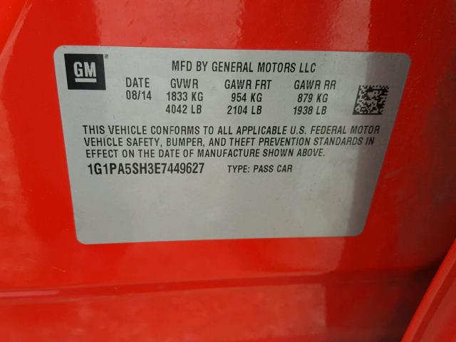 1G1PA5SH3E7449627 - 2014 CHEVROLET CRUZE LS RED photo 10