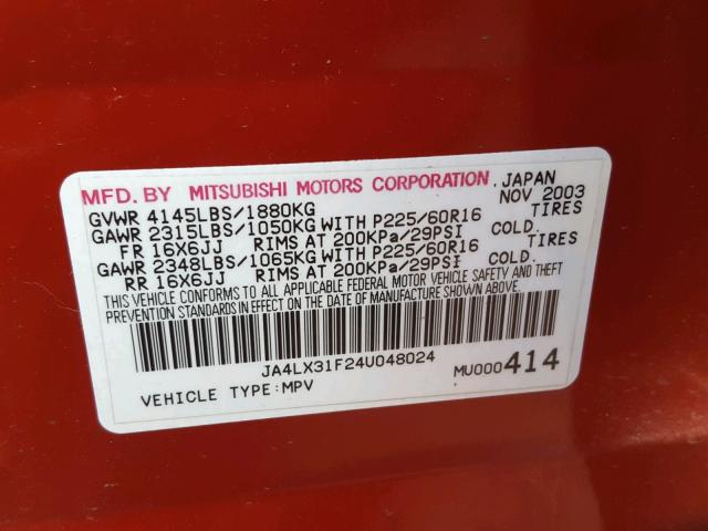 JA4LX31F24U048024 - 2004 MITSUBISHI OUTLANDER RED photo 10