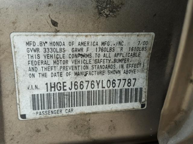 1HGEJ6676YL067787 - 2000 HONDA CIVIC LX SILVER photo 10