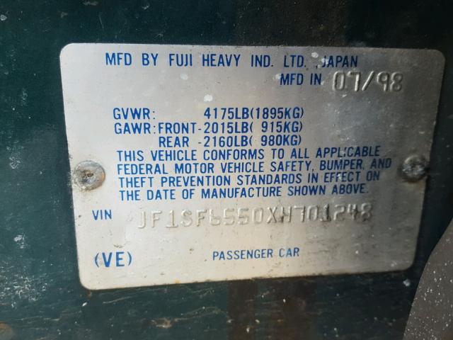 JF1SF6550XH701248 - 1999 SUBARU FORESTER S მწვანე ფოტო 10