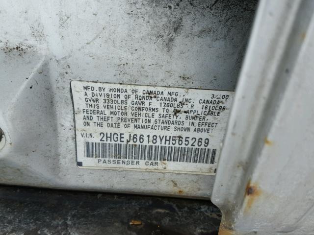 2HGEJ6618YH565269 - 2000 HONDA CIVIC BASE SILVER photo 10