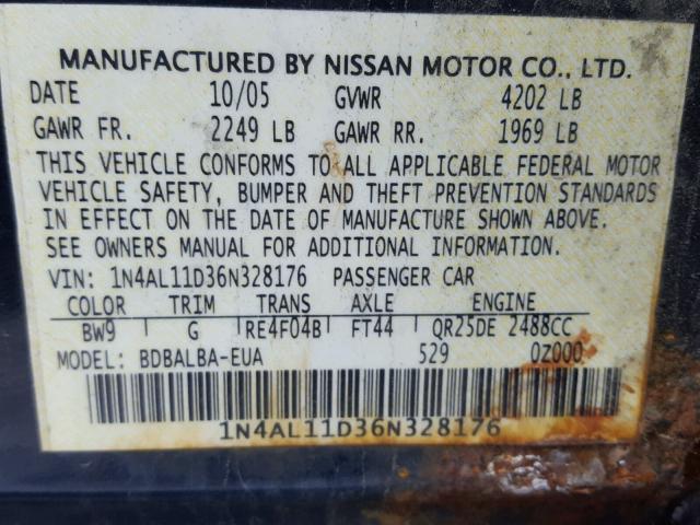 1N4AL11D36N328176 - 2006 NISSAN ALTIMA S BLUE photo 10