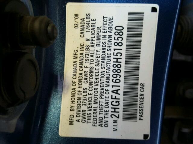 2HGFA16988H518580 - 2008 HONDA CIVIC EXL BLUE photo 10