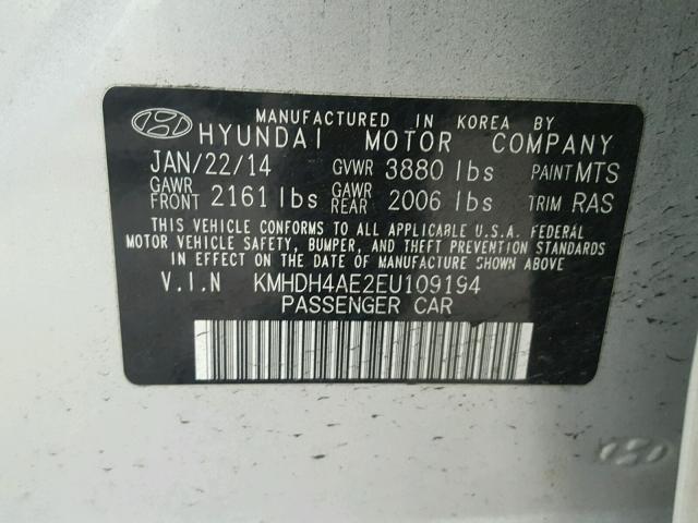 KMHDH4AE2EU109194 - 2014 HYUNDAI ELANTRA SE SILVER photo 10