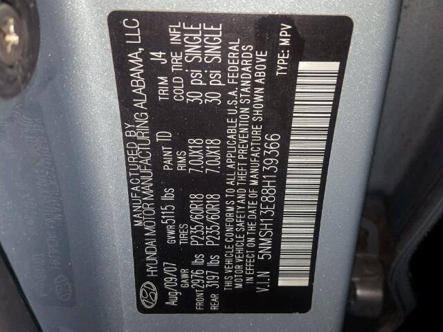 5NMSH13E88H139366 - 2008 HYUNDAI SANTA FE S GRAY photo 10