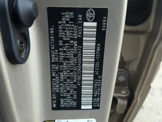 4T1BE32K64U926472 - 2004 TOYOTA CAMRY LE 棕色 照片 10