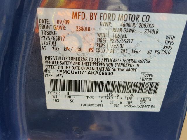 1FMCU9D71AKA69830 - 2010 FORD ESCAPE XLT BLUE photo 10