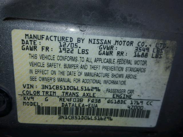 3N1CB51D06L516296 - 2006 NISSAN SENTRA 1.8 GRAY photo 10