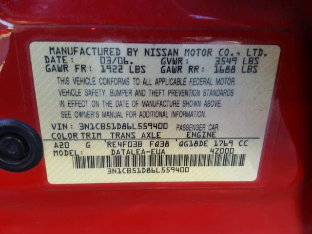 3N1CB51D86L559400 - 2006 NISSAN SENTRA 1.8 RED photo 10