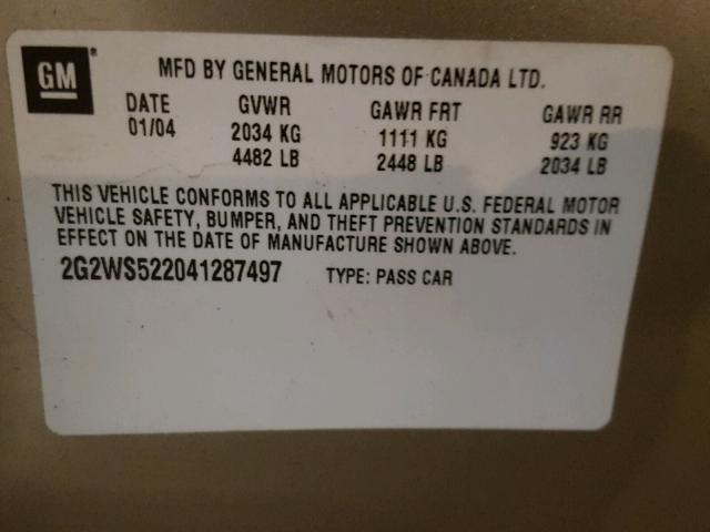 2G2WS522041287497 - 2004 PONTIAC GRAND PRIX BEIGE photo 10