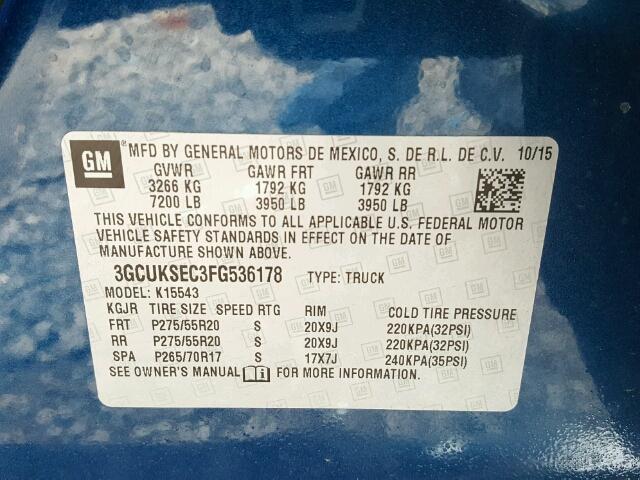 3GCUKSEC3FG536178 - 2015 CHEVROLET SILVERADO BLUE photo 10