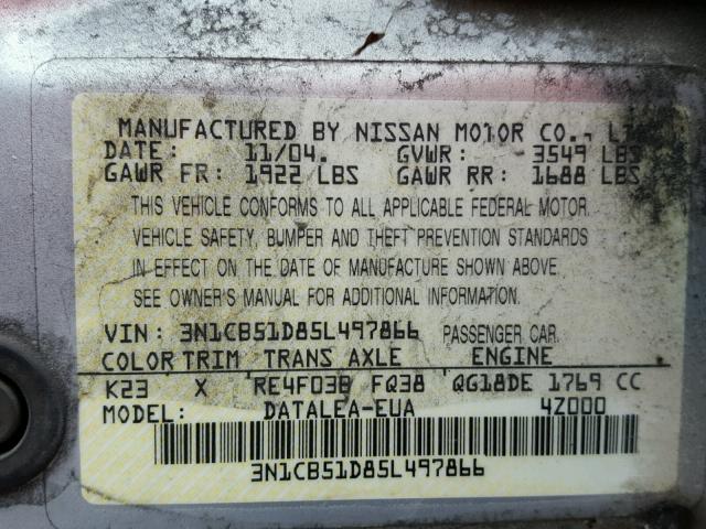 3N1CB51D85L497866 - 2005 NISSAN SENTRA 1.8 SILVER photo 10