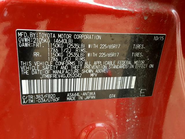 JTMBFREV4GJ052042 - 2016 TOYOTA RAV4 LE RED photo 10