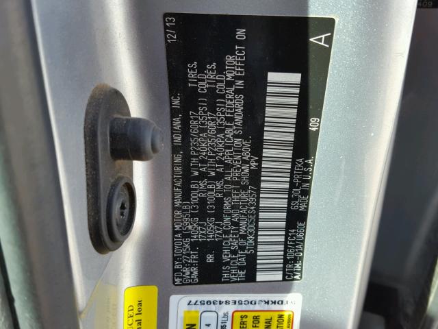 5TDKK3DC5ES439577 - 2014 TOYOTA SIENNA LE SILVER photo 10