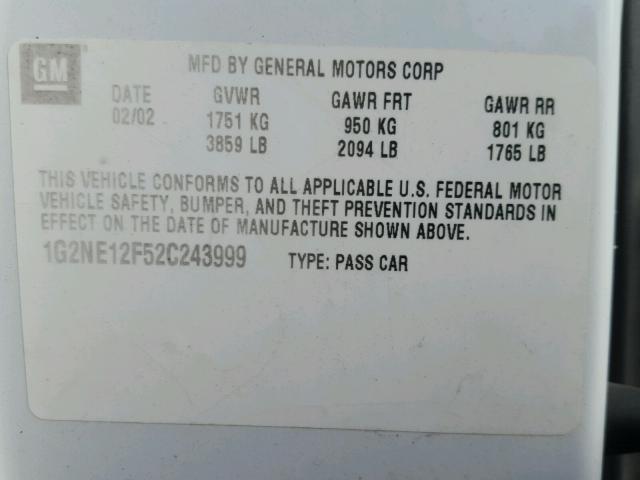 1G2NE12F52C243999 - 2002 PONTIAC GRAND AM S თეთრი ფოტო 10