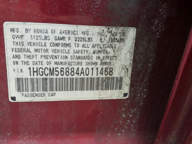 1HGCM56884A011468 - 2004 HONDA ACCORD EX RED photo 10