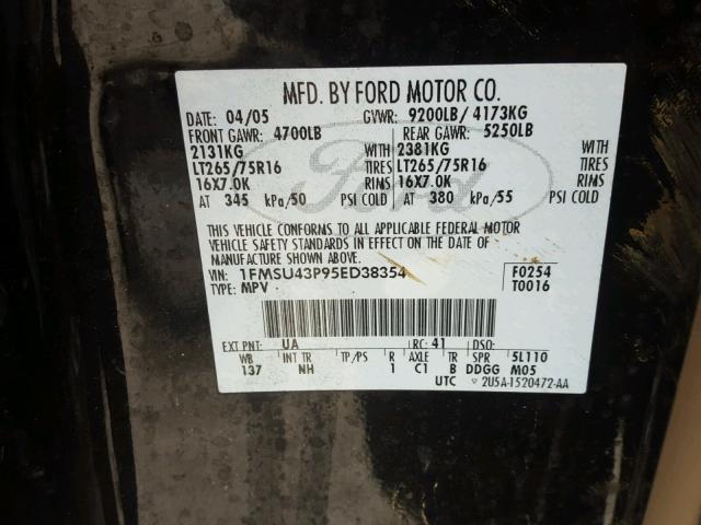 1FMSU43P95ED38354 - 2005 FORD EXCURSION BLACK photo 10