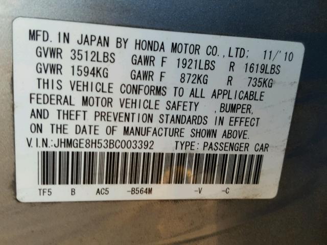 JHMGE8H53BC003392 - 2011 HONDA FIT SPORT BLUE photo 10