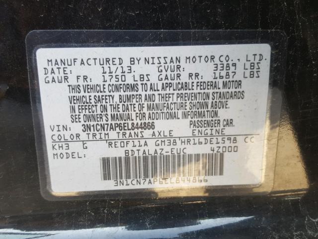 3N1CN7AP6EL844866 - 2014 NISSAN VERSA S BLACK photo 10