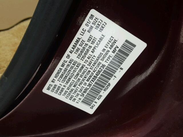 5FNRL387X8B406236 - 2008 HONDA ODYSSEY EX BURGUNDY photo 10