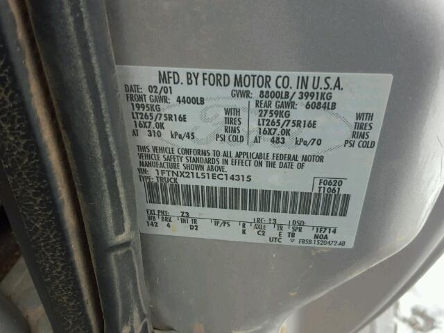 1FTNX21L51EC14315 - 2001 FORD F250 SUPER SILVER photo 10