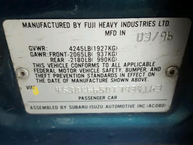 4S3BK6650T7934163 - 1996 SUBARU LEGACY LSI GREEN photo 10