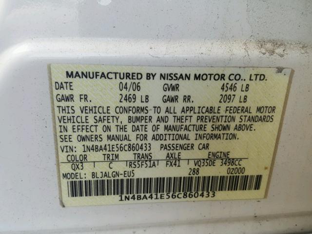 1N4BA41E56C860433 - 2006 NISSAN MAXIMA SE WHITE photo 10