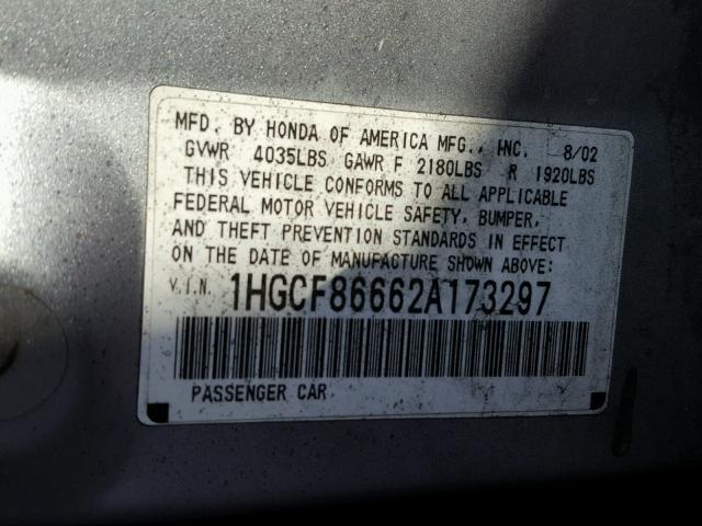 1HGCF86662A173297 - 2002 HONDA ACCORD VAL SILVER photo 10