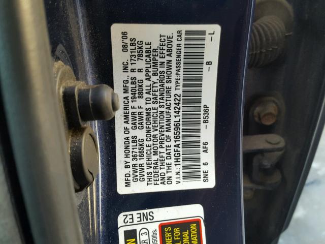 1HGFA16596L142422 - 2006 HONDA CIVIC LX BLUE photo 10