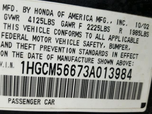 1HGCM56673A013984 - 2003 HONDA ACCORD EX BLACK photo 10